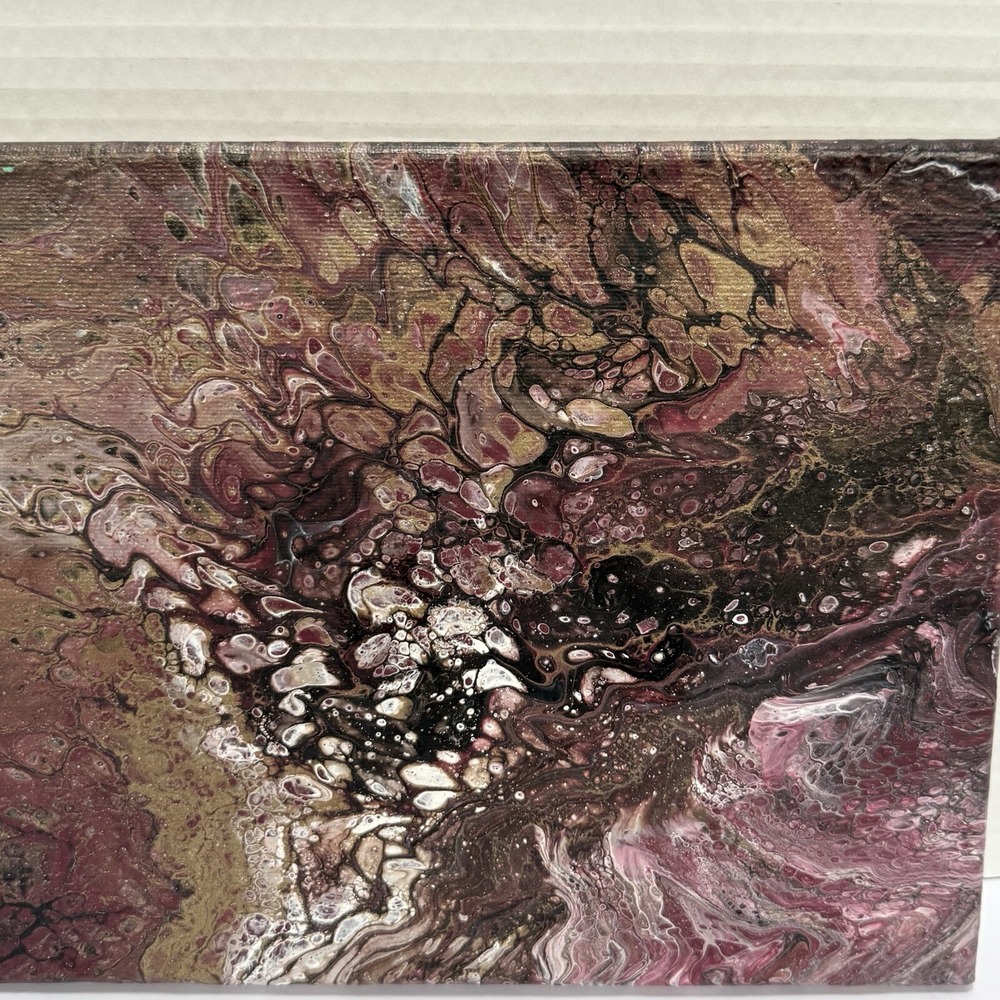Abstract Acrylic Pour Painting-Canvas-Signed-Maroon Gold Browns White 8"x10"
